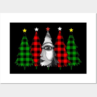 Black and white woman's portrait in christma's tree Posters and Art